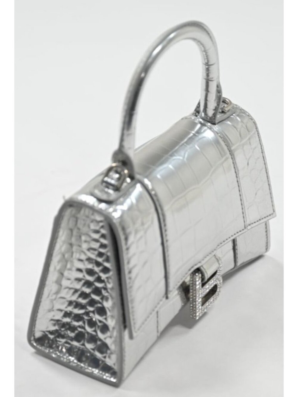 Balenciaga Hourglass XS Handbag Crocodile Embossed Rhinestone B in Silver - Picture 3 of 9